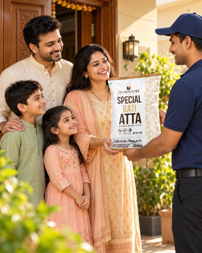 Doorstep delivery of fresh Raghuvir Special Bati Atta to Indian family
