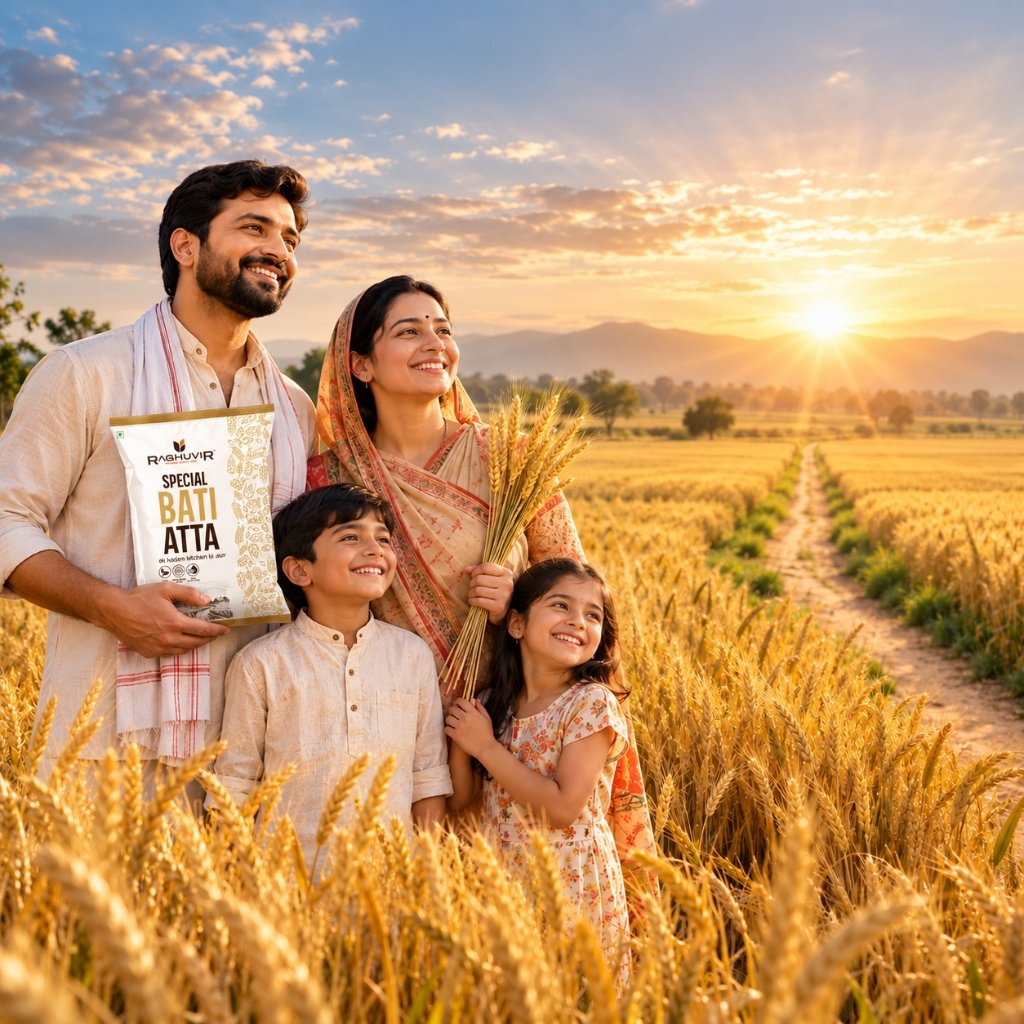 Happy Indian family with Raghuvir Special Bati Atta in golden wheat field